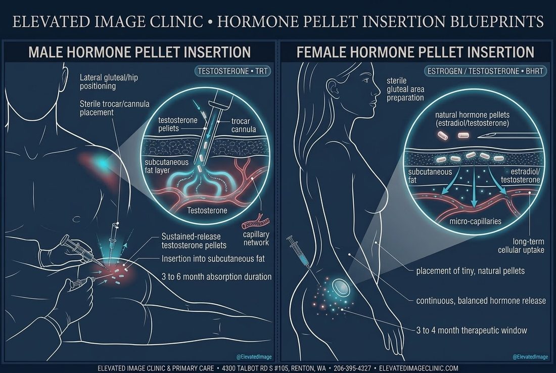 Diagram of male (TRT) and female (BHRT) hormone pellet insertion showing sterile subcutaneous placement of testosterone and estradiol pellets